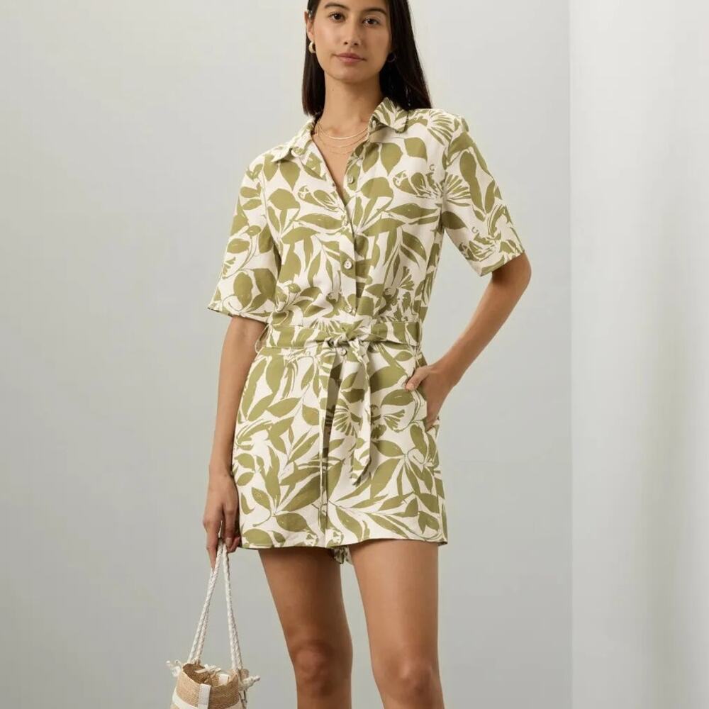 Peter Som Tropical Print Romper Belted Short Sleeve Linen Blend Green White 8